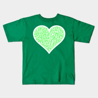 Green and White Leopard Print Heart Kids T-Shirt